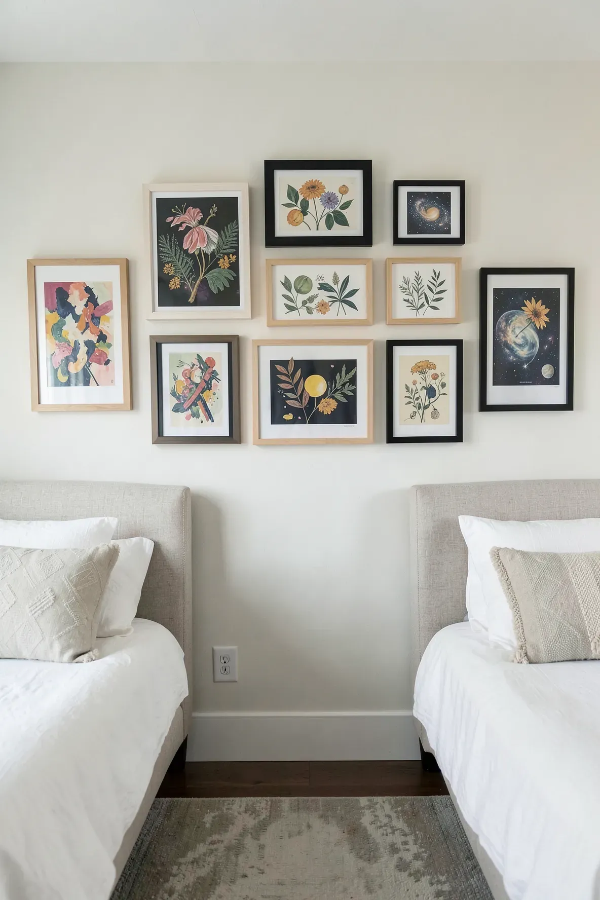 A stylish gallery wall with various framed artworks positioned between two beds in a shared room.