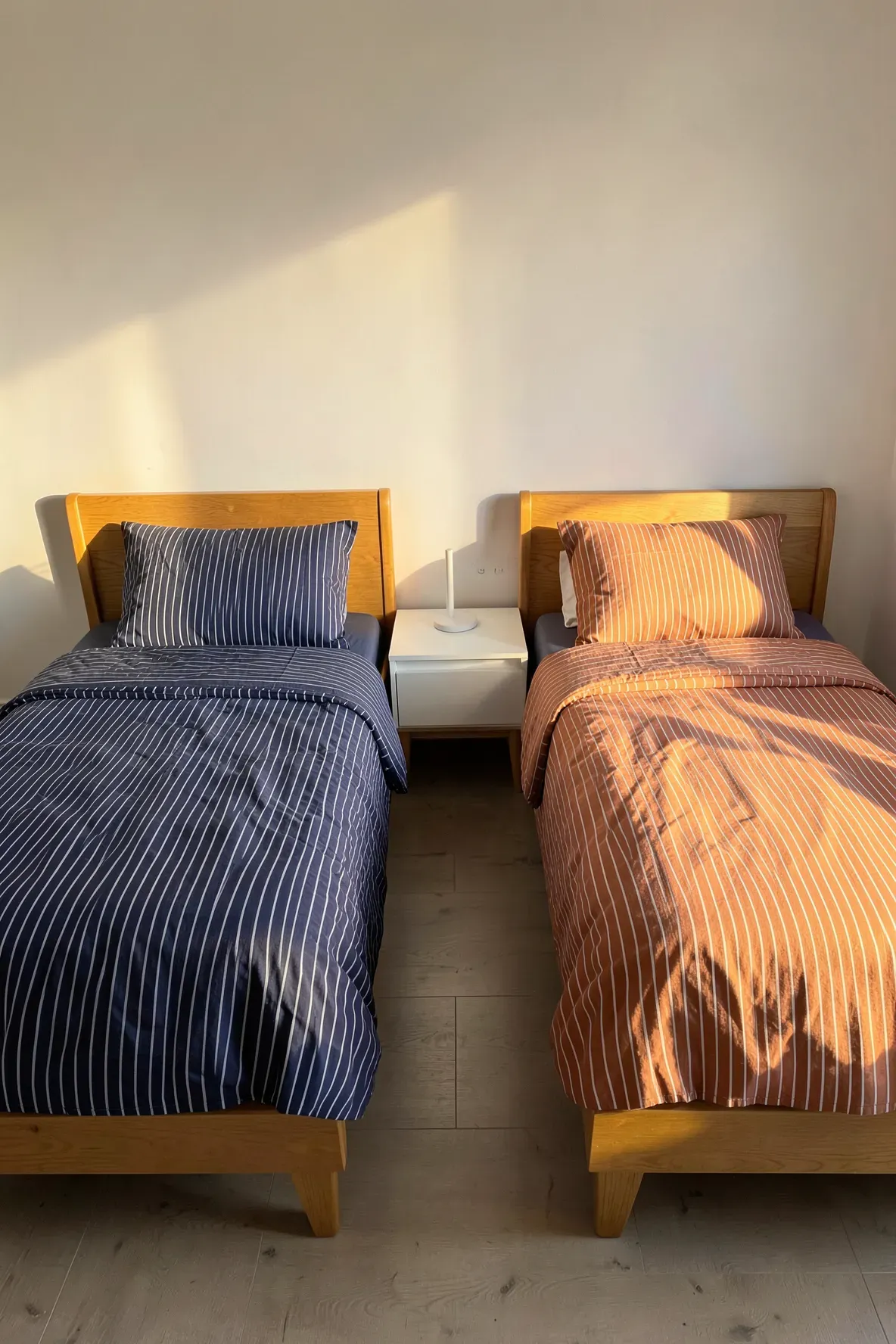 Two twin beds in a shared room with identical striped bedding in navy blue and terracotta orange.
