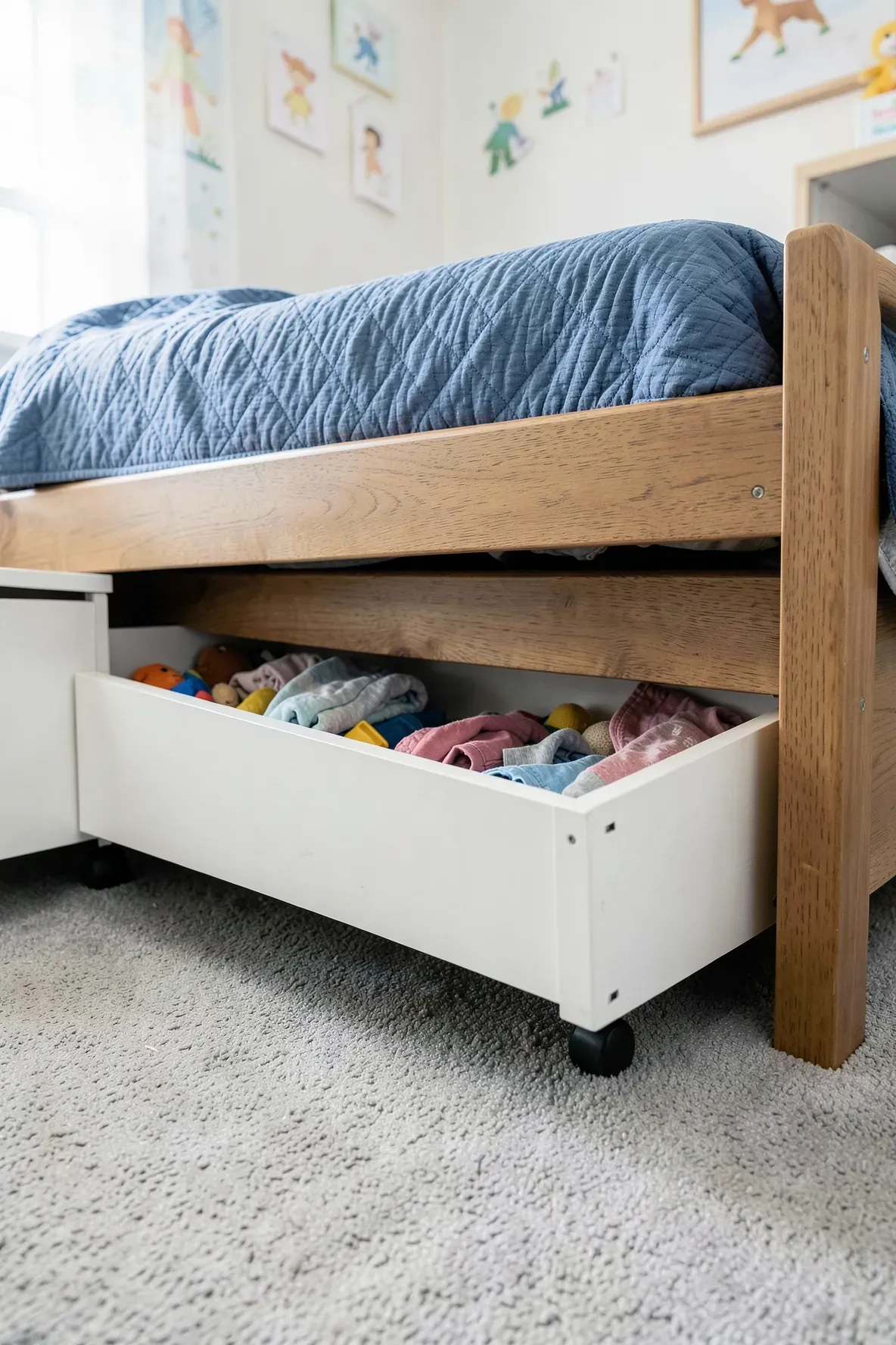 White wooden rolling storage drawers neatly tucked under a bed in a clean shared bedroom.