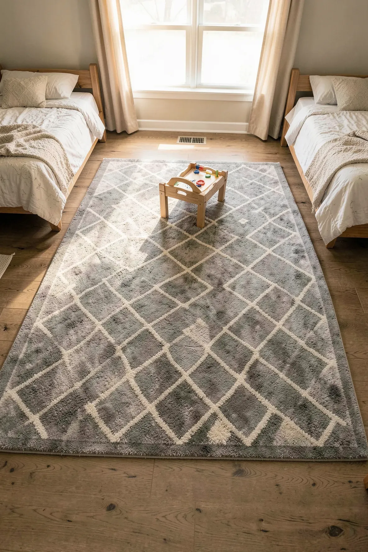 A large geometric patterned rug centered in a shared bedroom to create a dedicated play area.