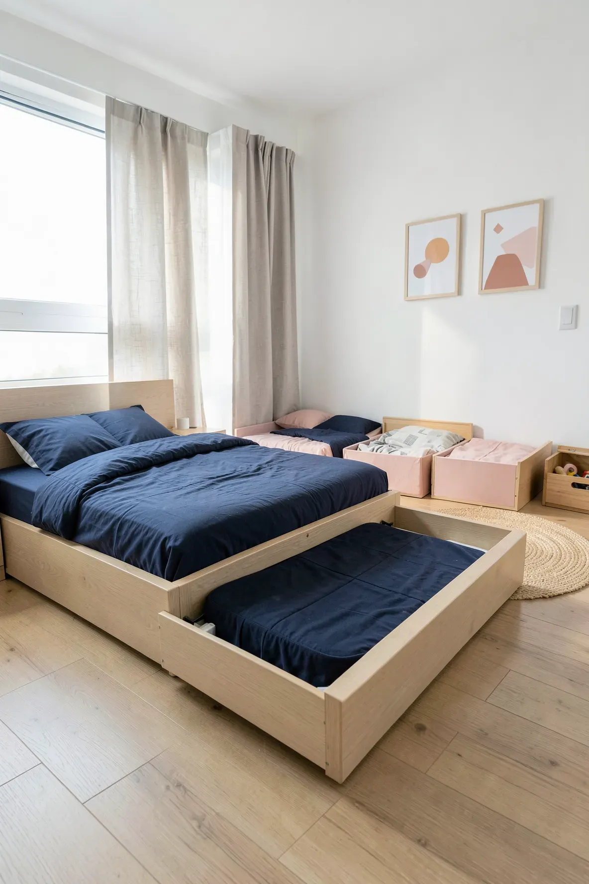 A modern shared bedroom featuring a wooden bed with a pull-out trundle bed and coordinated bedding.