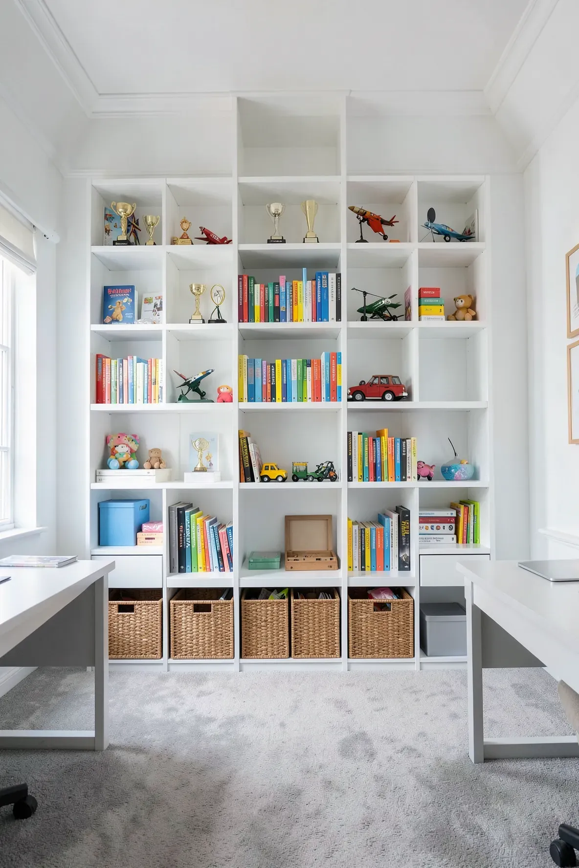 Tall white vertical shelving unit in a shared bedroom holding books and organized bins.