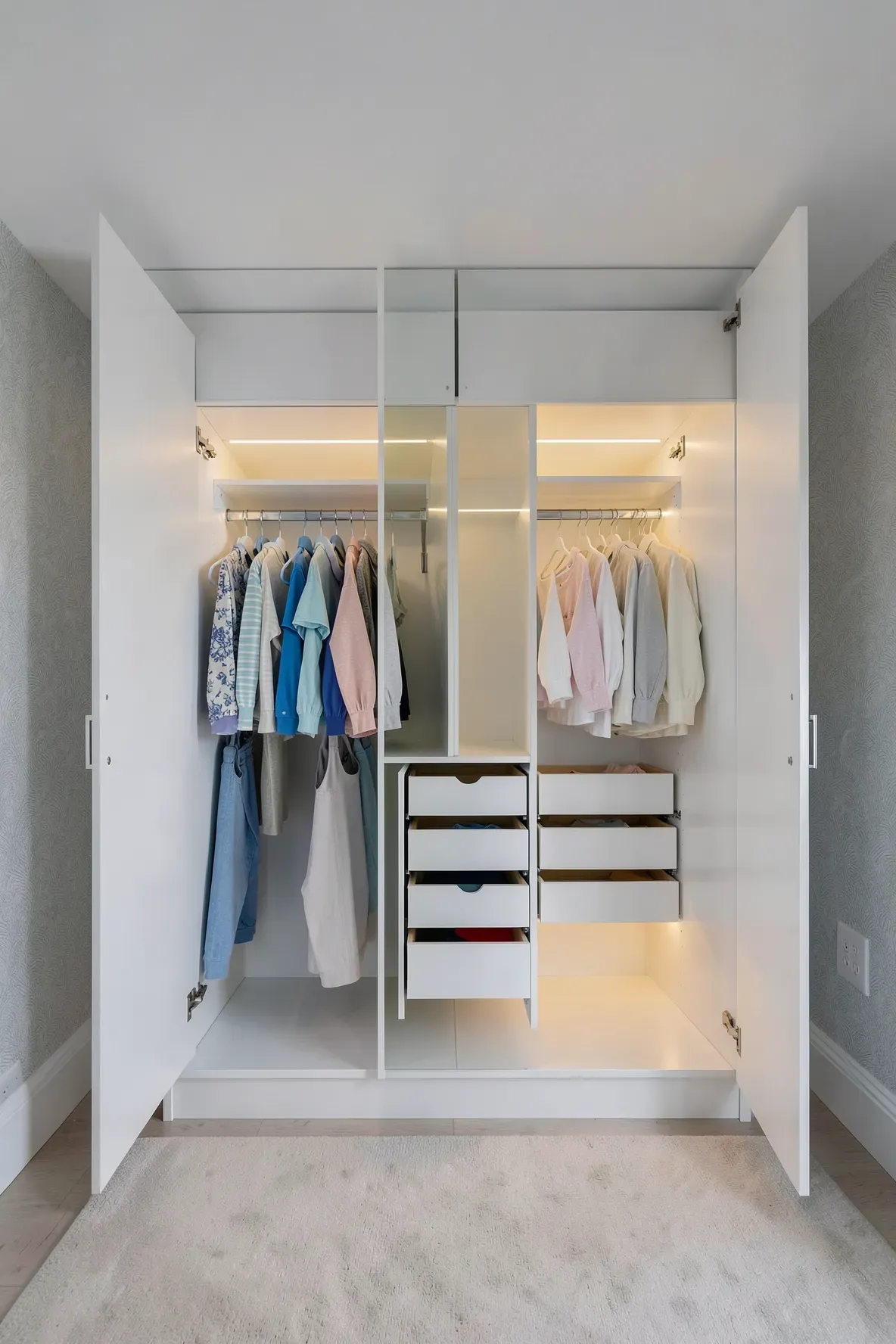 A large built-in wardrobe with open doors showing organized clothing sections for two siblings.
