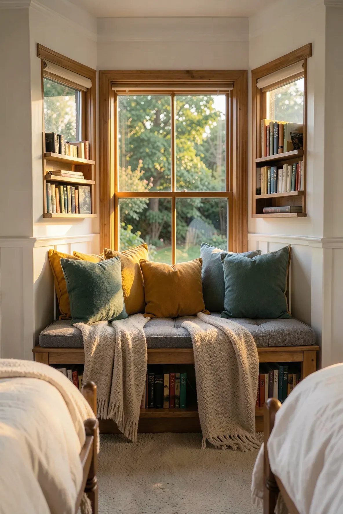 A cozy built-in window seat with colorful pillows and books in a sunlit shared bedroom.