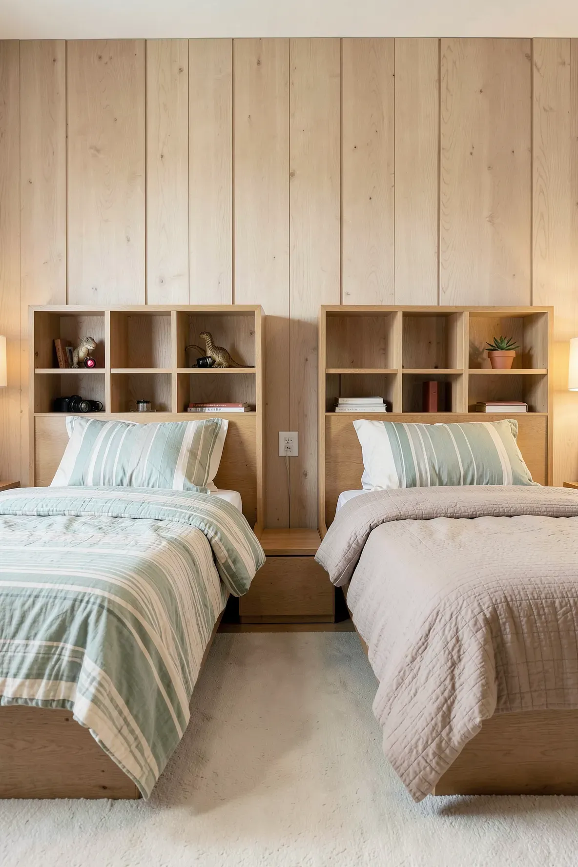Two wooden headboards with built-in storage cubbies holding personal toys and books.