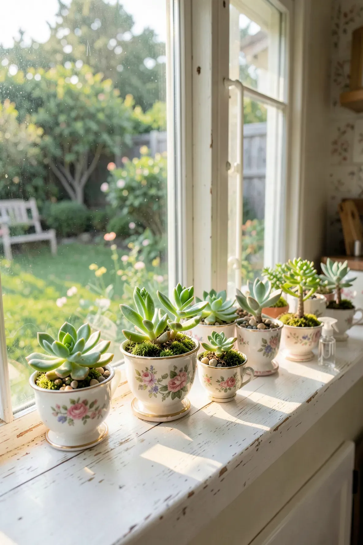 A row of vintage floral teacups used as succulent planters on a sunny white wooden windowsill.