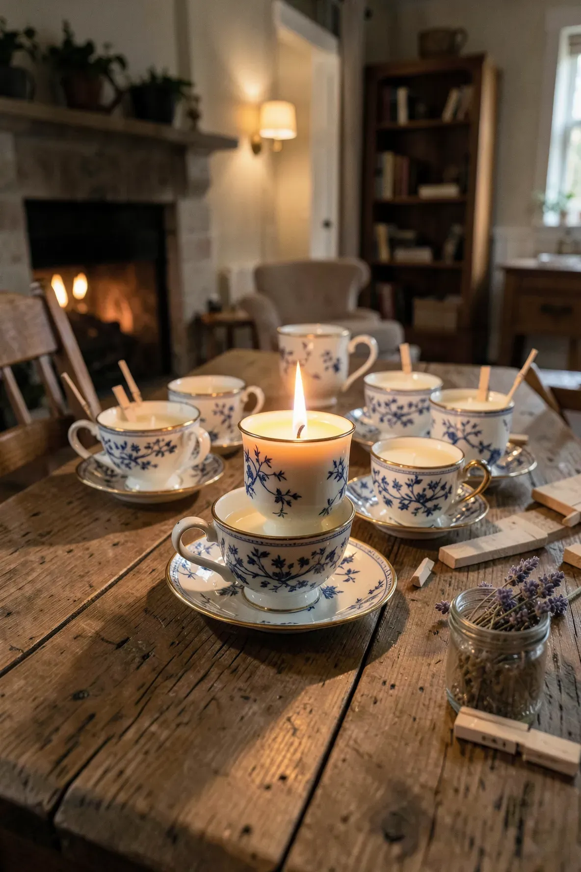 Hand-poured soy candles in vintage blue and white teacups arranged on a rustic wooden table.