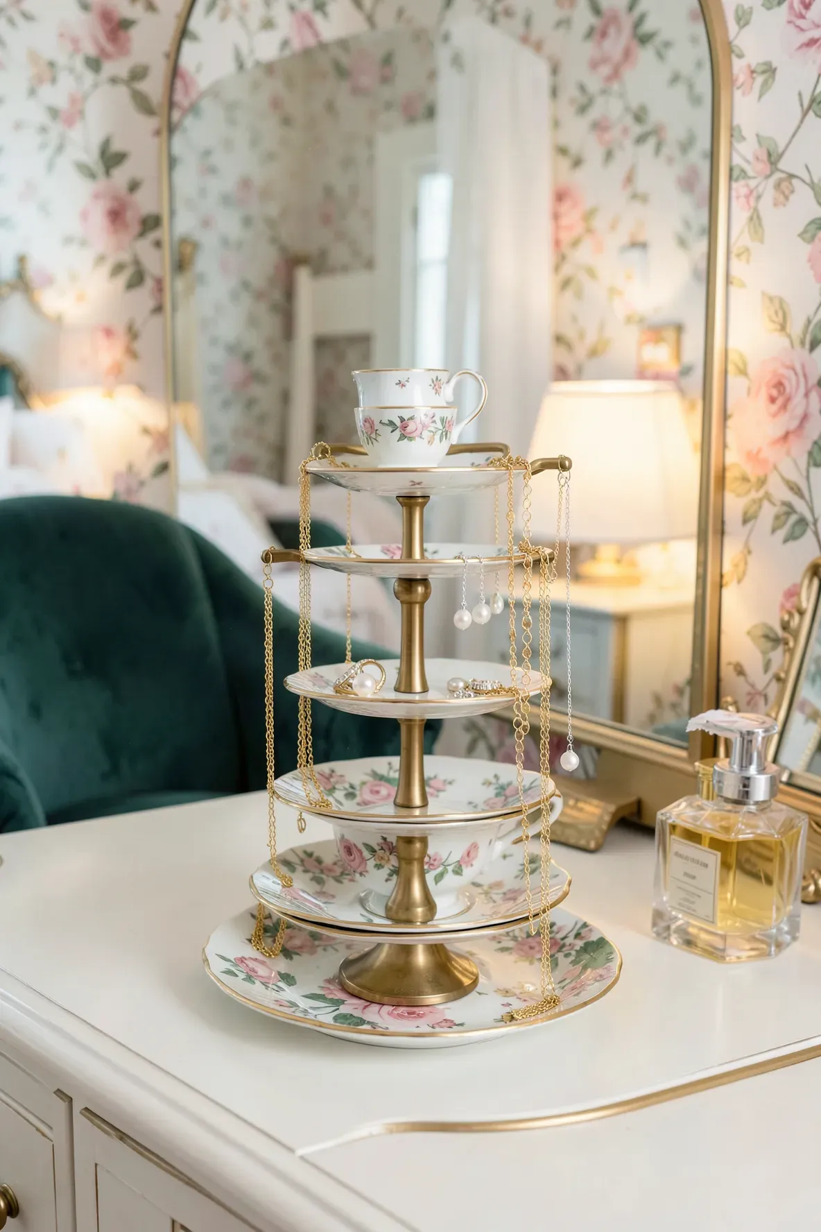 A DIY jewelry organizer made from stacked vintage floral saucers holding gold necklaces and rings.