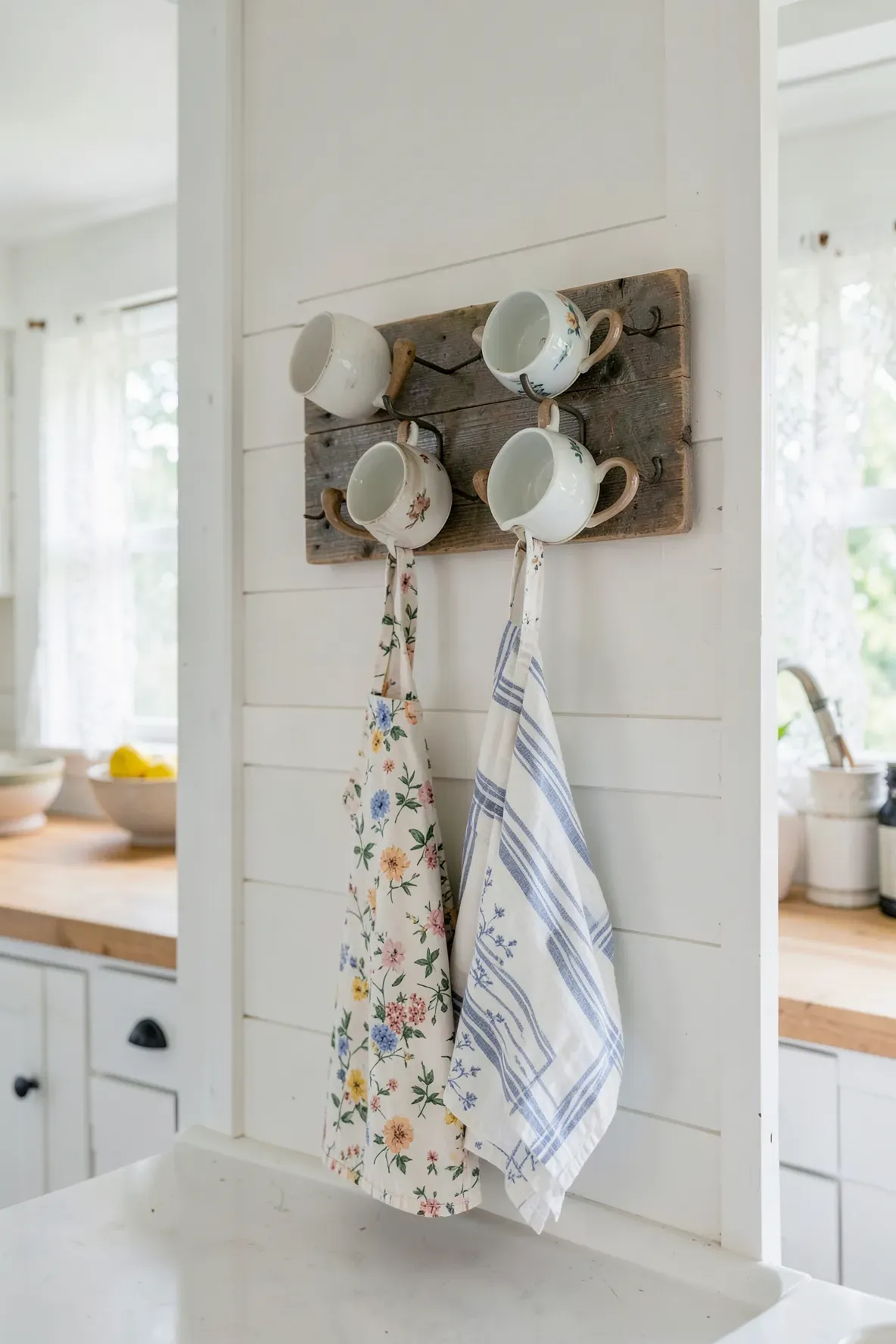 Vintage teacups mounted on a wooden board used as hooks for hanging aprons in a white kitchen.
