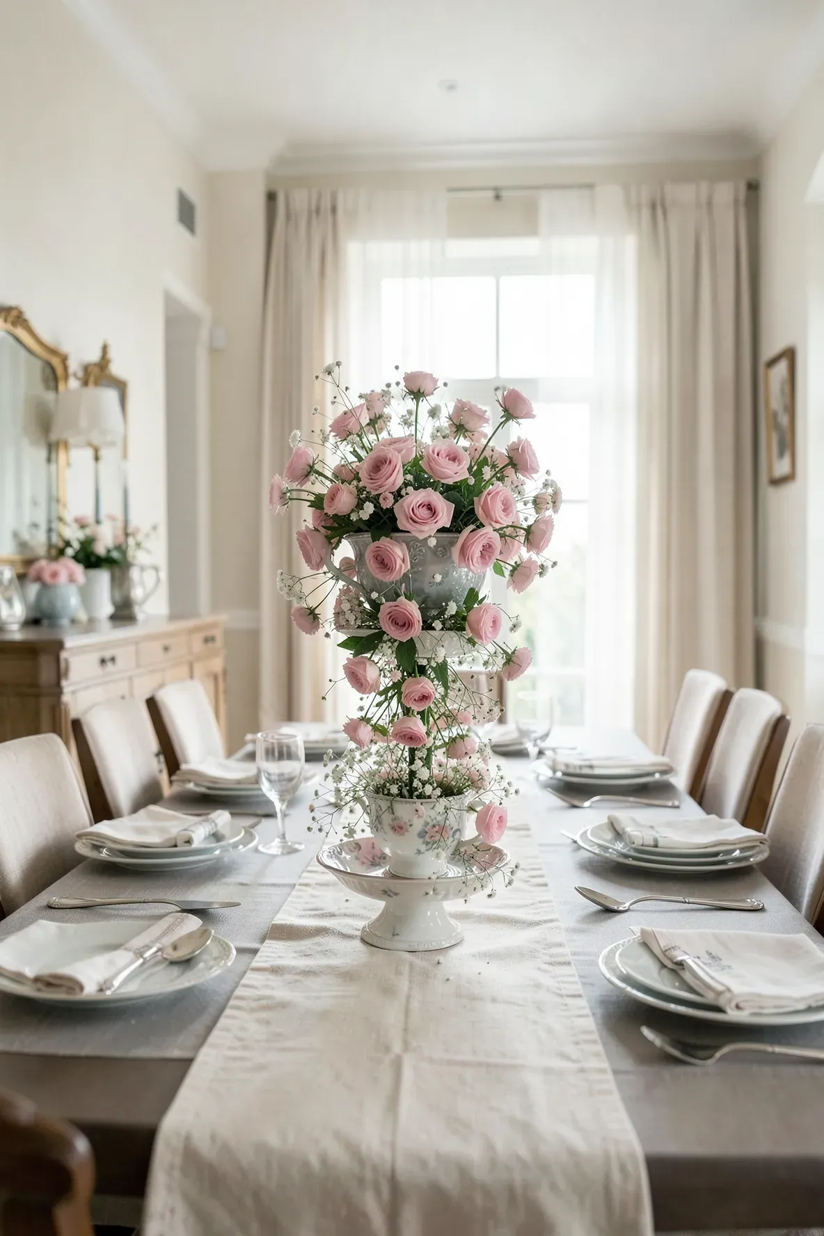 A whimsical floral arrangement where flowers appear to pour out of a floating teacup into a saucer.