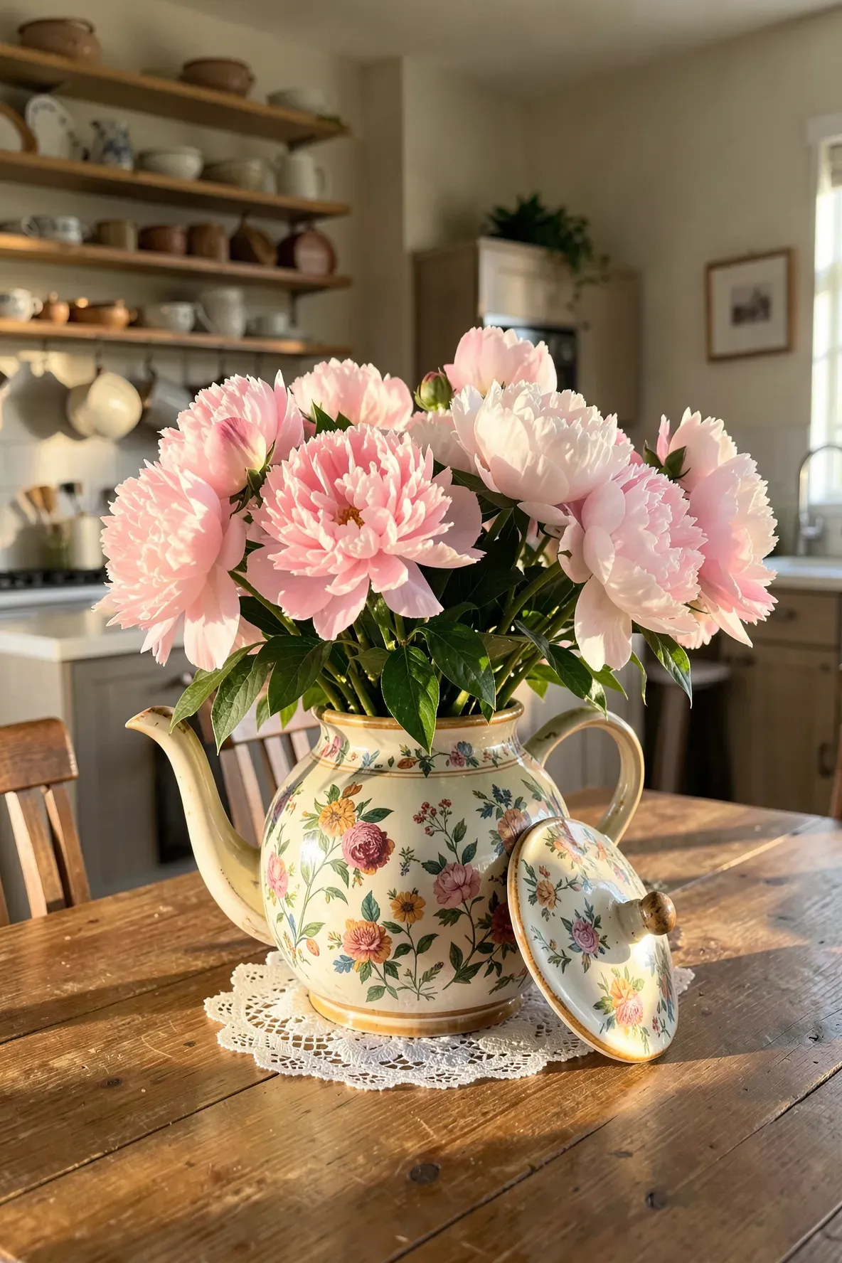 A large vintage teapot filled with fresh pink peonies as a centerpiece on a wooden dining table.