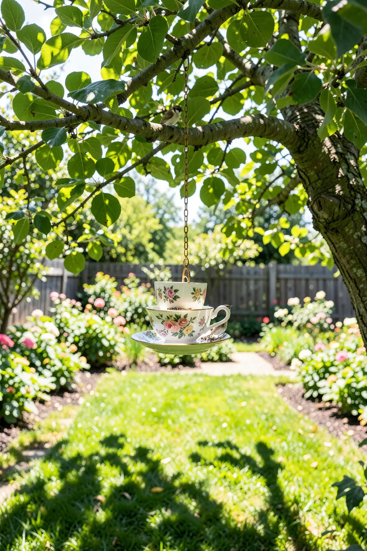 A vintage teacup and saucer bird feeder hanging from a tree branch in a sunny green garden.