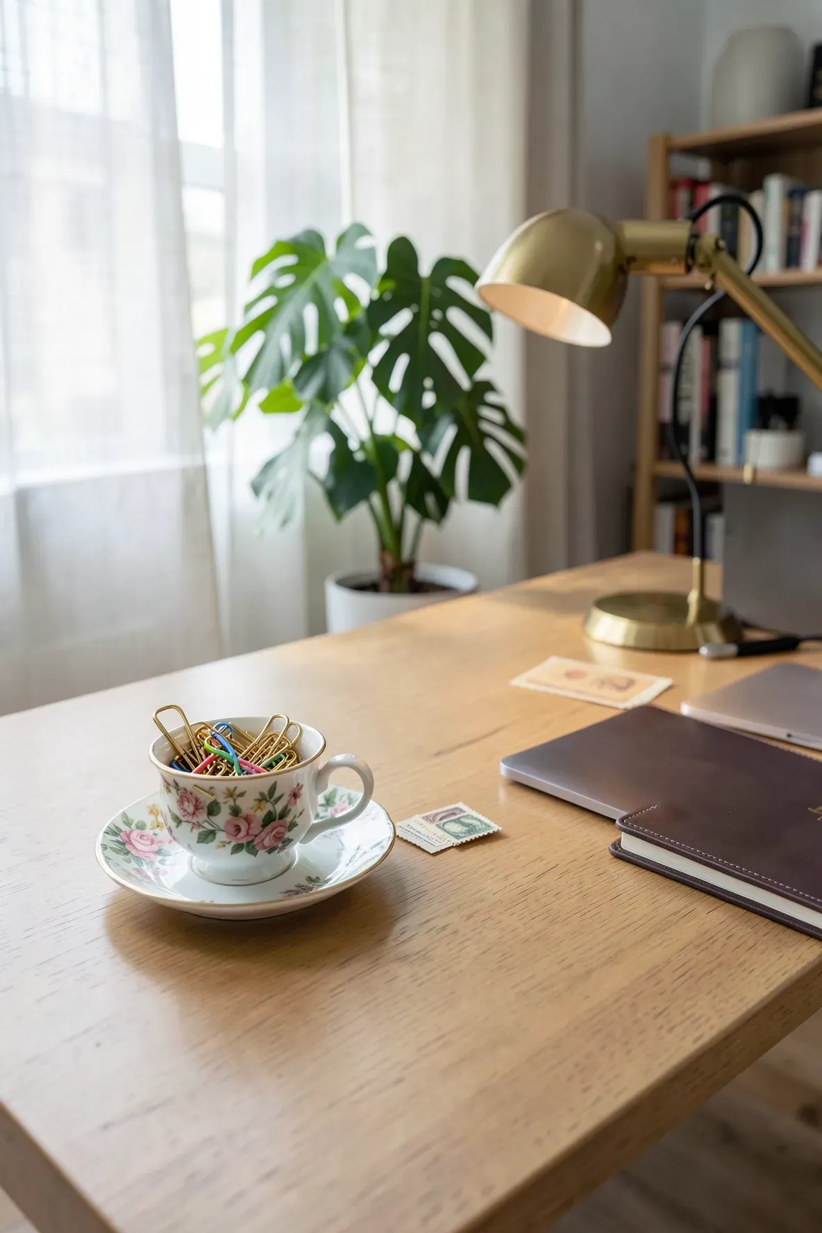 A vintage floral teacup holding gold paperclips on a clean, modern wooden desk in a bright home office.
