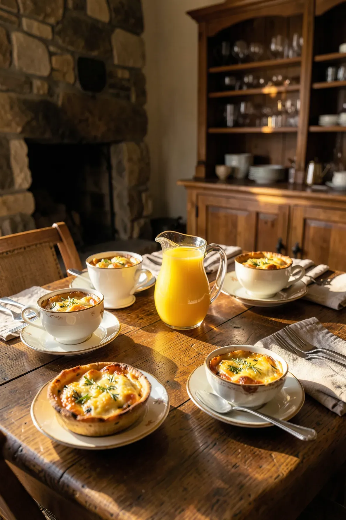 Several golden-brown quiches baked inside colorful vintage teacups on a rustic wooden dining table.