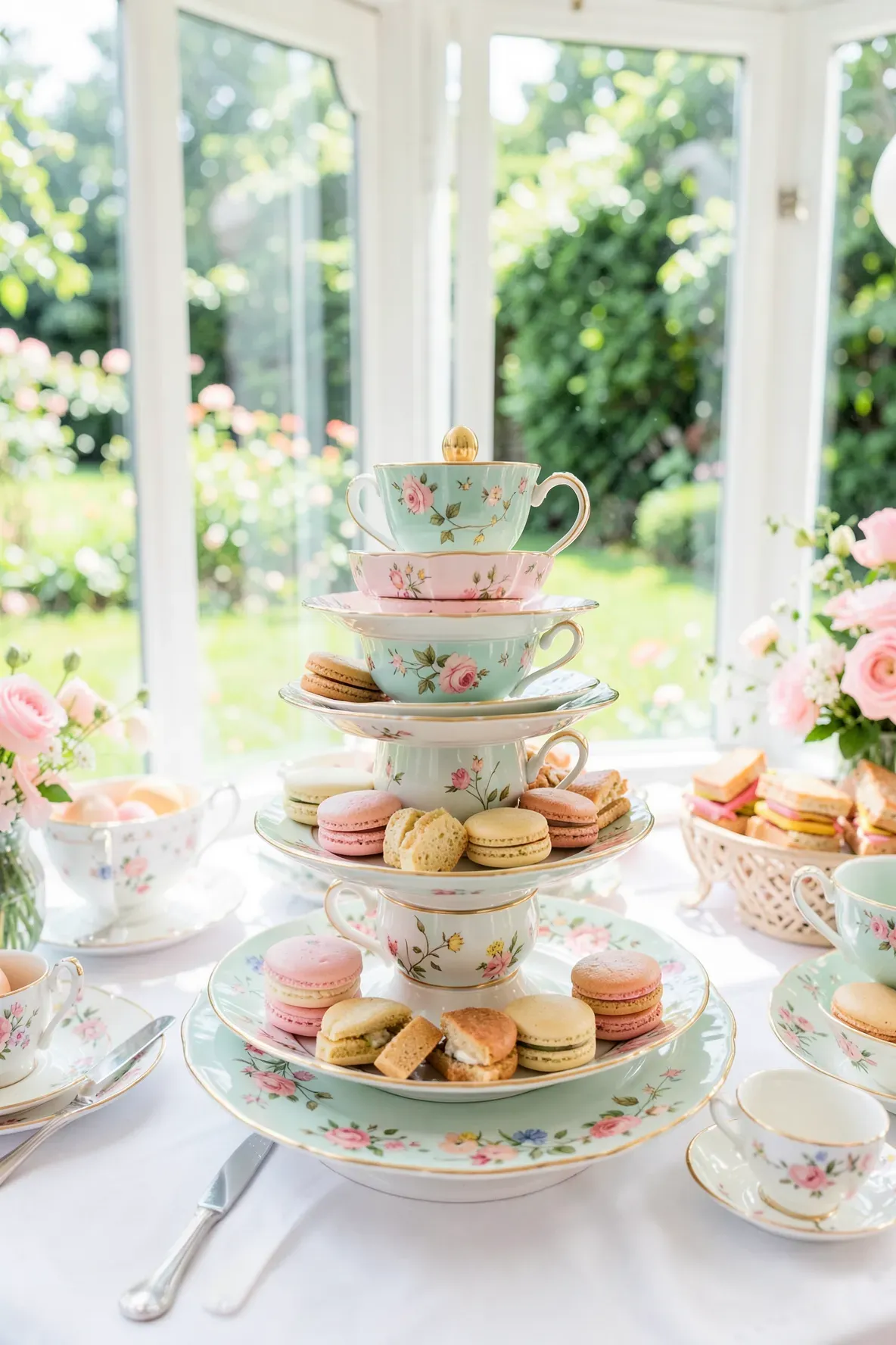 A three-tiered dessert stand made from inverted vintage teacups and plates holding colorful macarons.