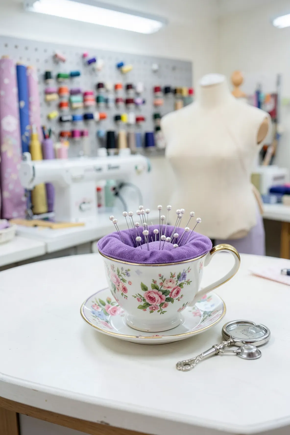 A vintage teacup repurposed into a pincushion with velvet fabric and pearl pins on a sewing table.