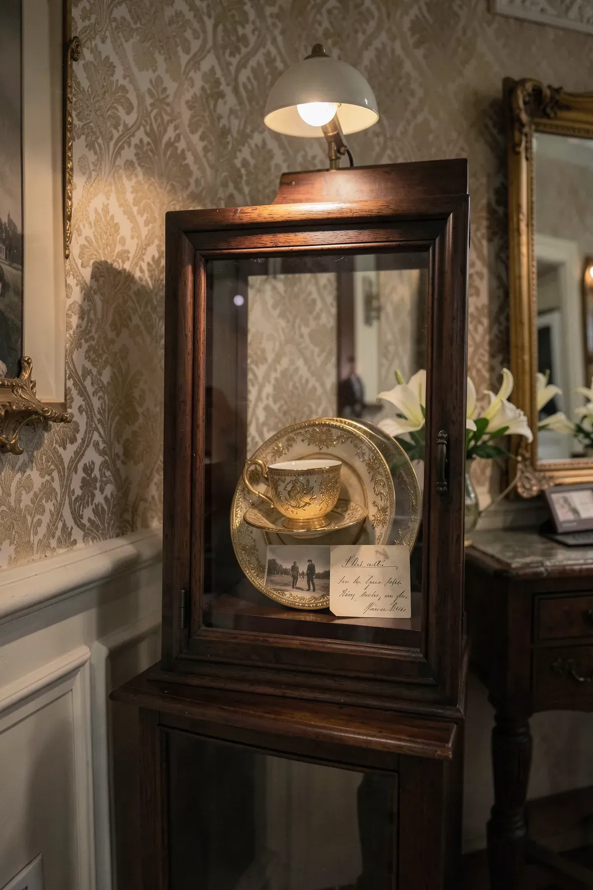A rare vintage teacup and saucer displayed inside a deep wooden shadow box on an elegant hallway wall.