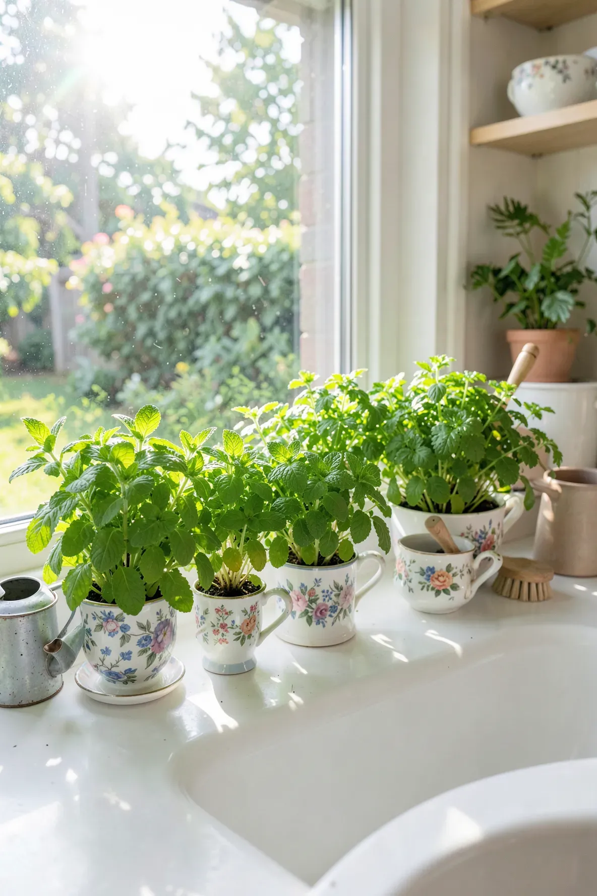 Fresh green herbs like mint and basil growing in a row of decorative vintage teacups on a sunny windowsill.