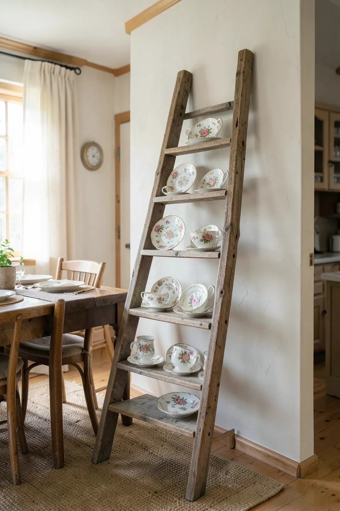 A rustic wooden ladder leaning against a wall, displaying a collection of floral vintage teacups.
