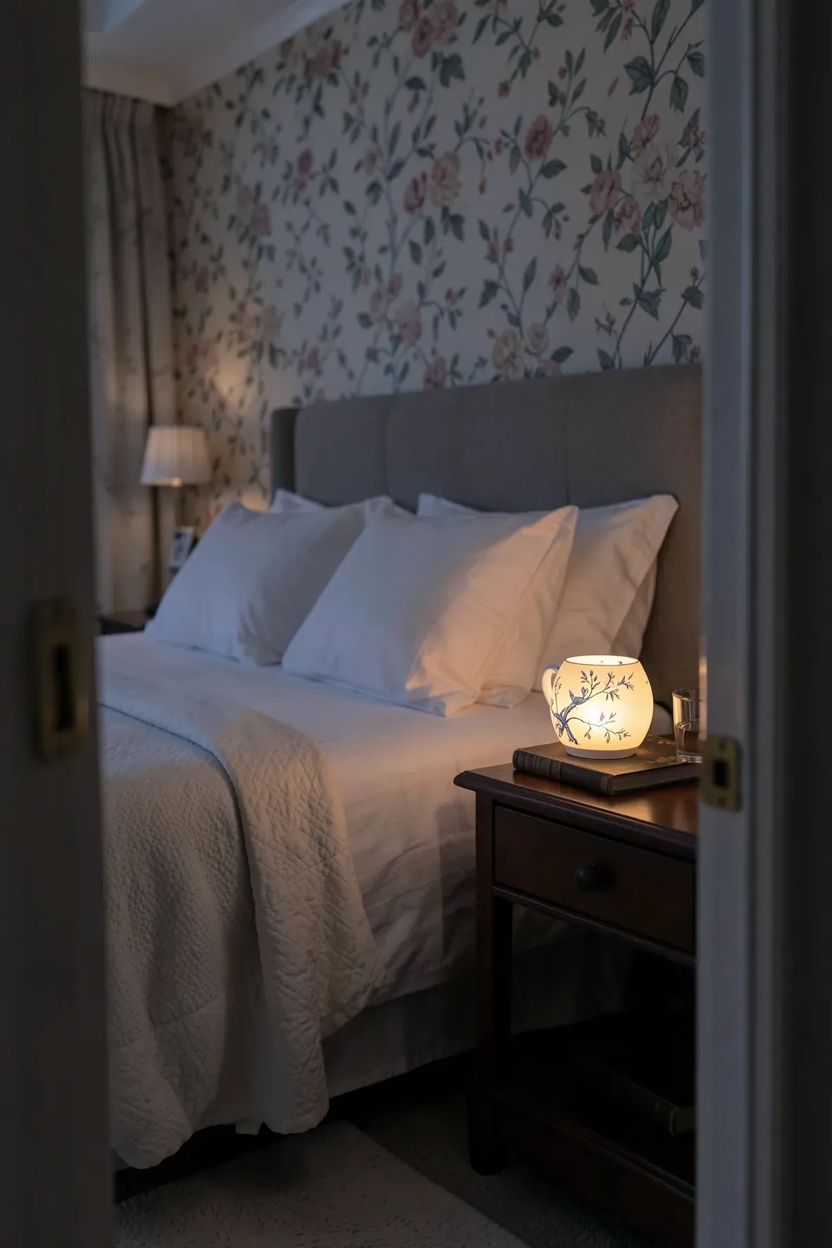 A glowing vintage teacup used as a nightlight on a bedside table in a cozy guest room.
