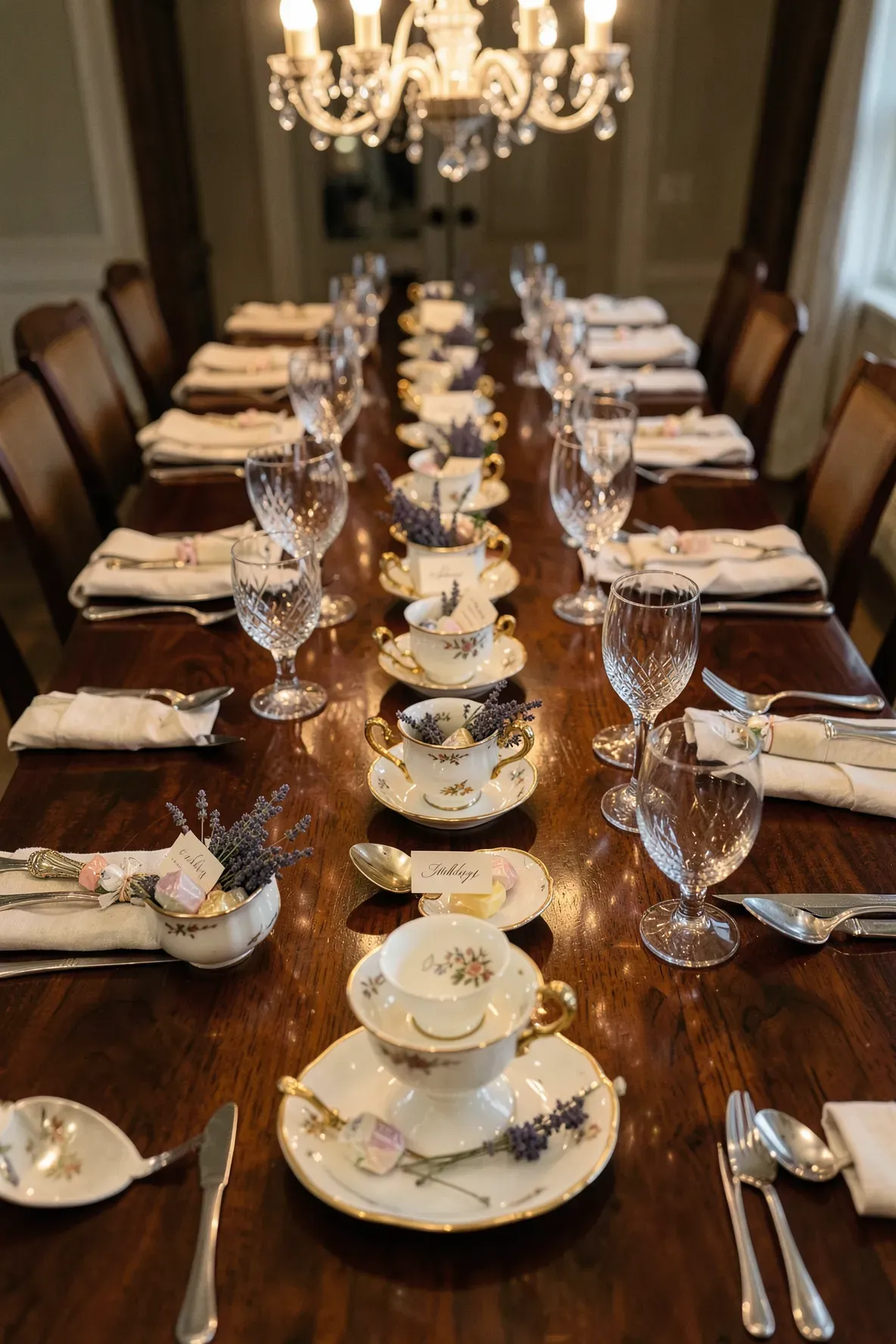 A formal dinner table with vintage teacups holding name cards and lavender at each setting.