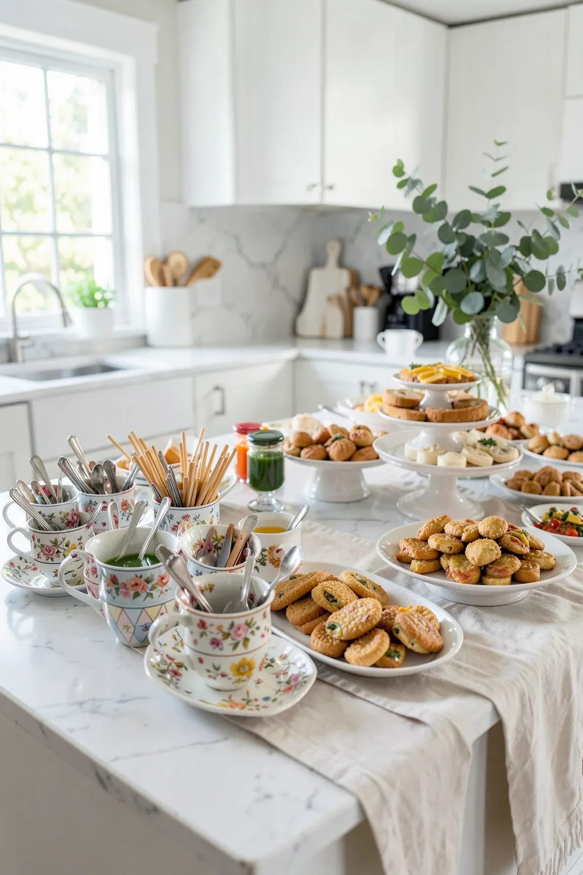 A kitchen buffet with vintage teacups holding spoons and toothpicks among platters of food.