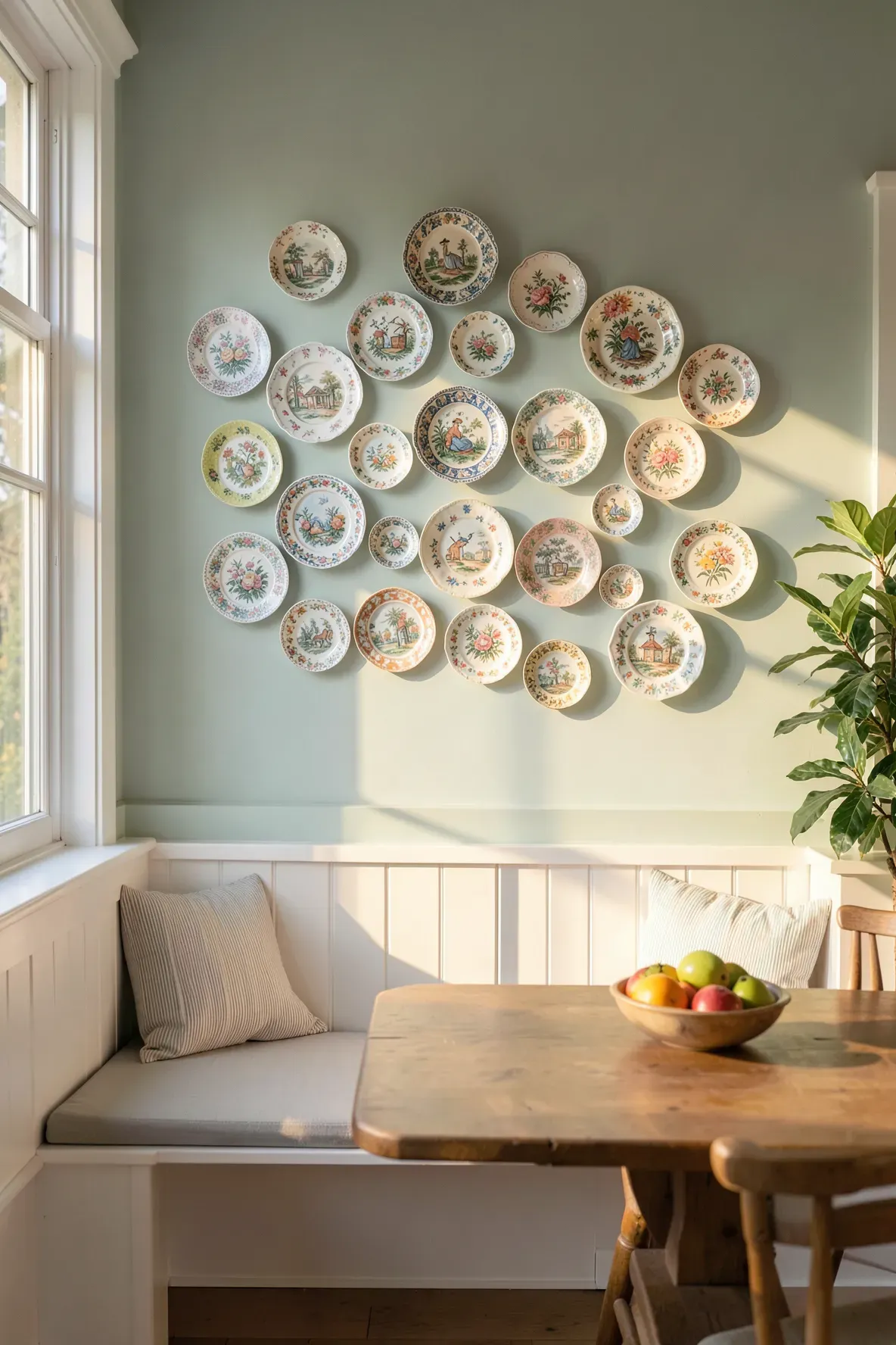 A wall decorated with a diamond-shaped arrangement of colorful vintage porcelain saucers.