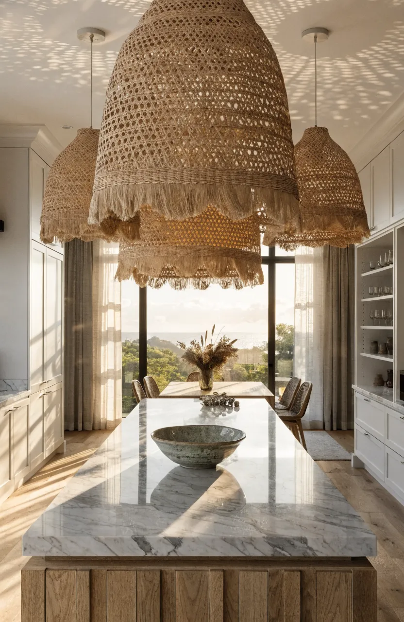 Three large woven rattan pendant lights hanging over a white marble kitchen island in a bright boho home.