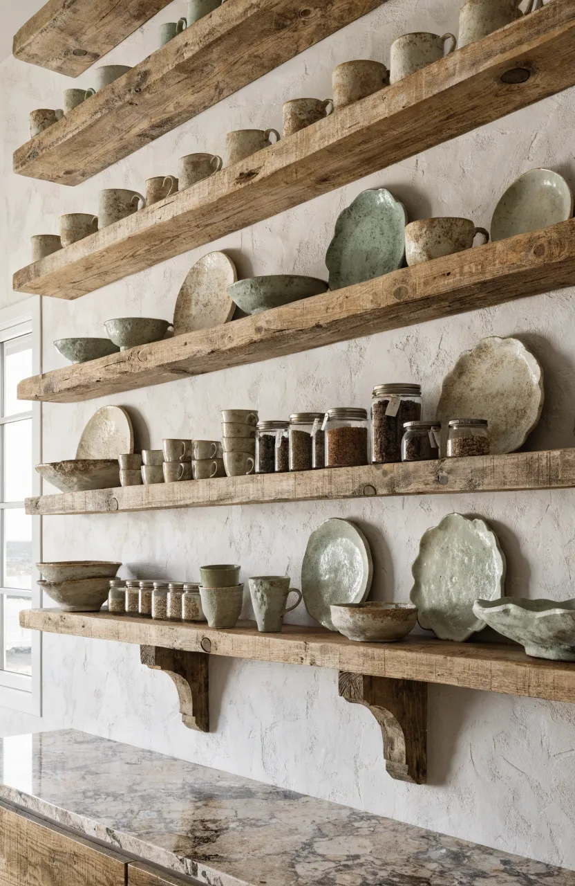 Open reclaimed wood shelves in a coastal kitchen holding beautiful ceramic stoneware and plates.