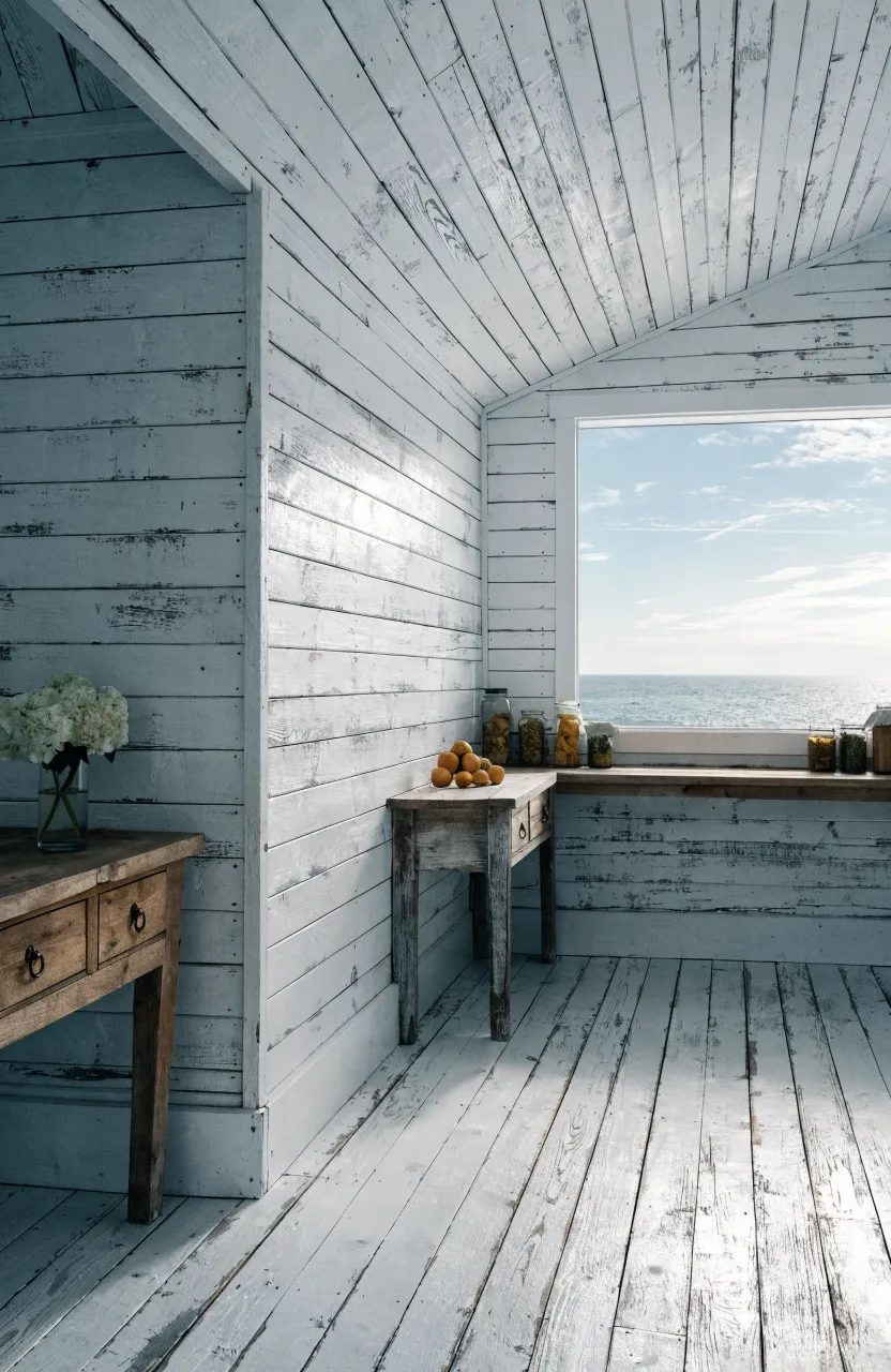 Horizontal distressed white shiplap walls in a bright, airy coastal boho kitchen interior.
