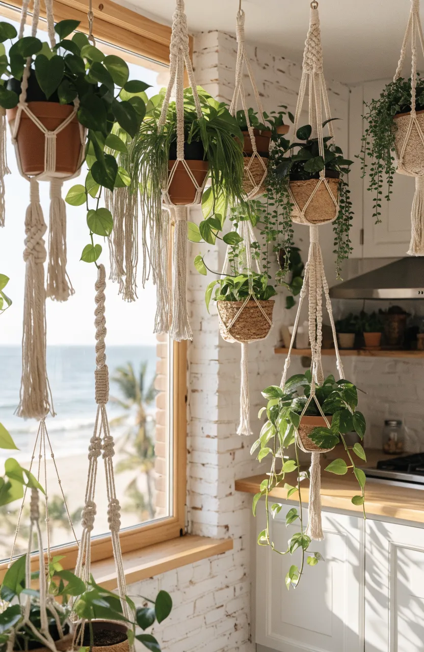 Green trailing plants in cream macramé hangers in a sunny coastal kitchen corner.