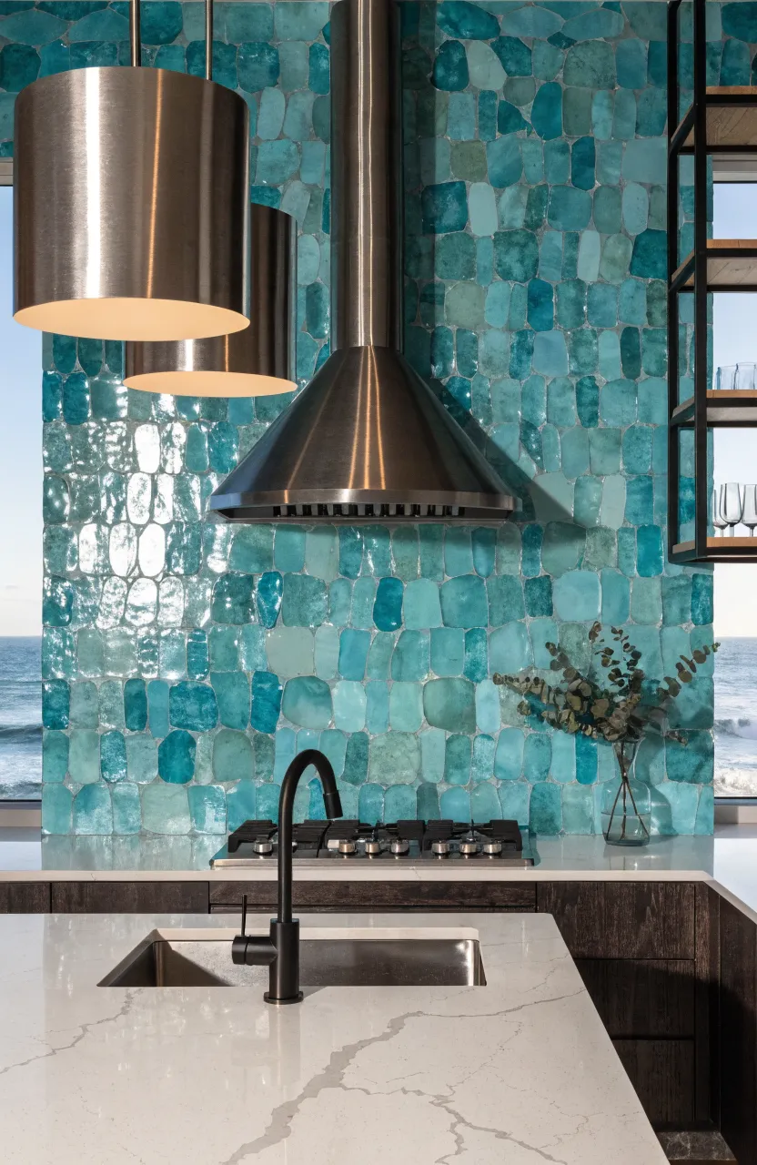 A shimmering turquoise Zellige tile backsplash in a bright modern coastal kitchen.