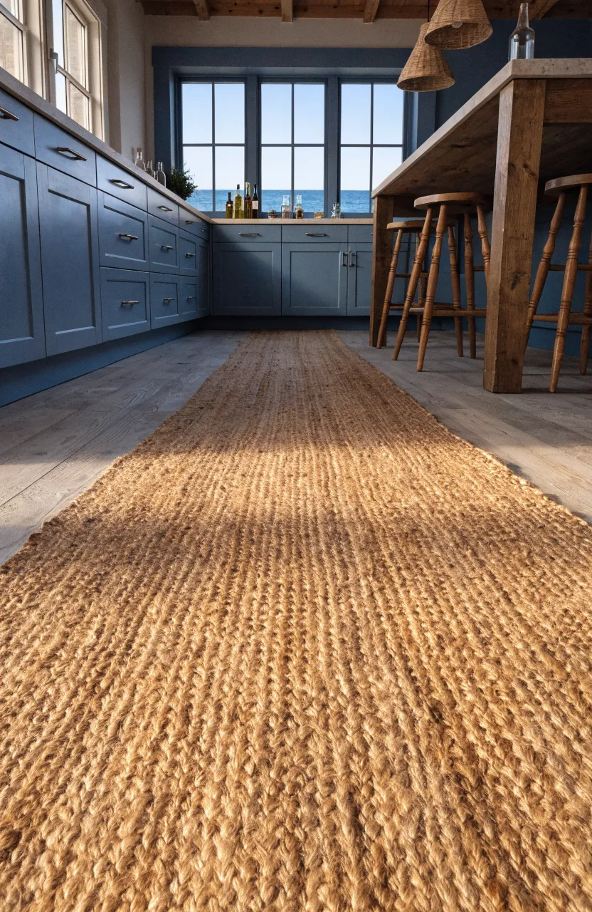 A sandy-colored natural jute runner rug on the floor of a relaxed coastal boho kitchen.