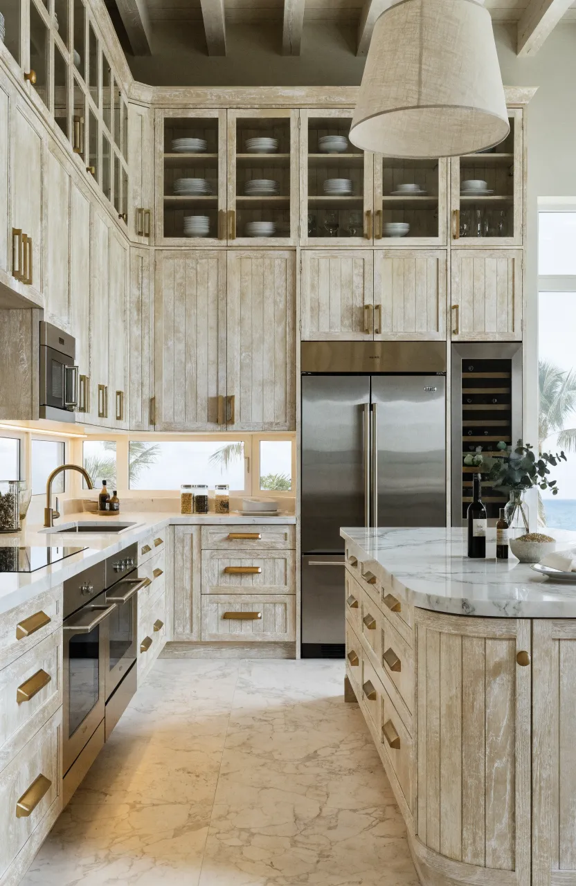 Bleached oak kitchen cabinets with matte brass handles in a bright coastal boho home.