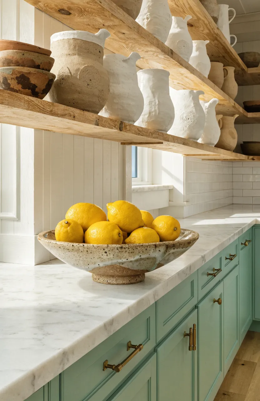 Handmade ceramic pitchers and a clay fruit bowl on a marble counter in a bright coastal kitchen.