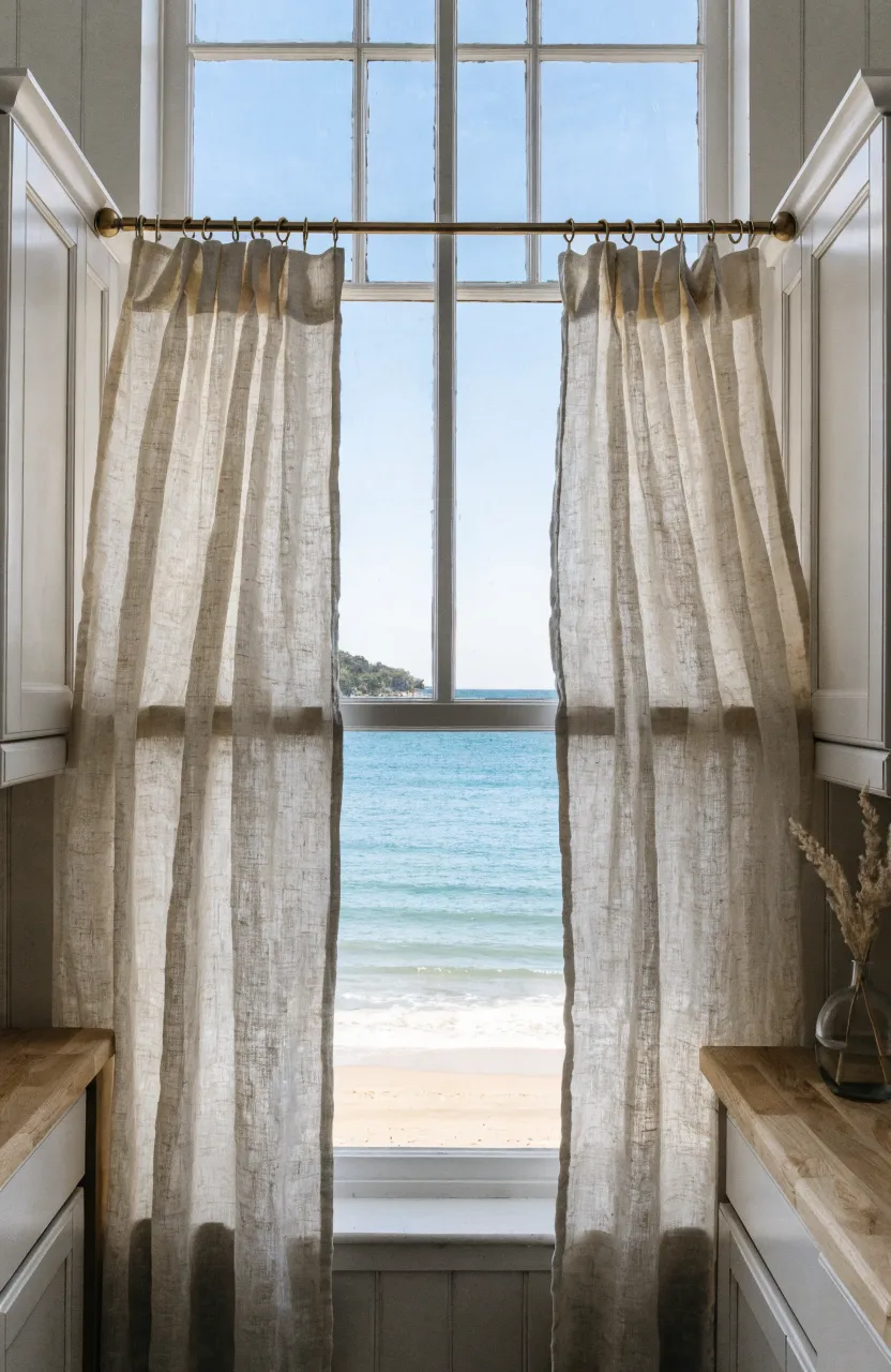 Wrinkled linen cafe curtains covering the bottom half of a window in a bright beach cottage kitchen.