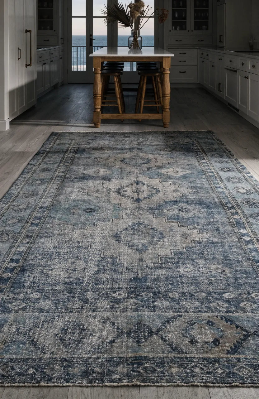 A faded blue and teal vintage Turkish rug on the floor of a bright, white coastal kitchen.