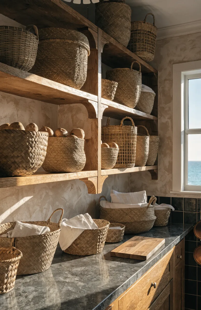 Woven seagrass baskets used for storage on open wooden shelves in a coastal-style kitchen.