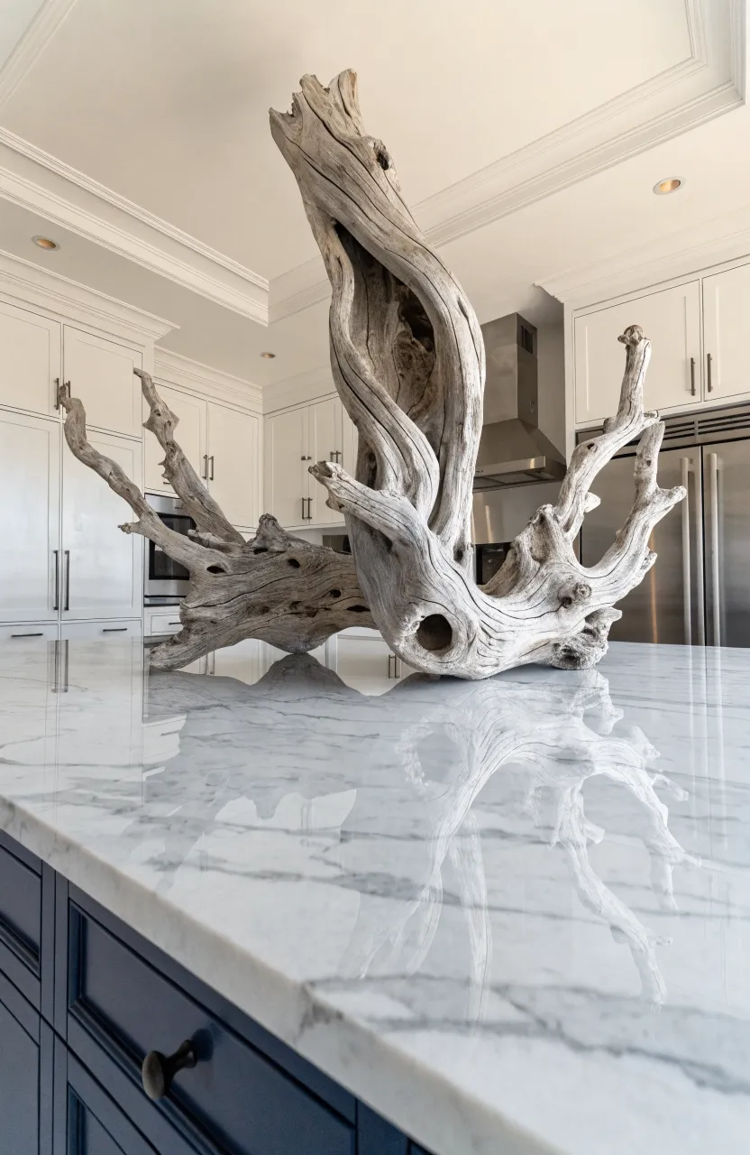 A weathered grey driftwood branch resting on a polished white marble kitchen island.
