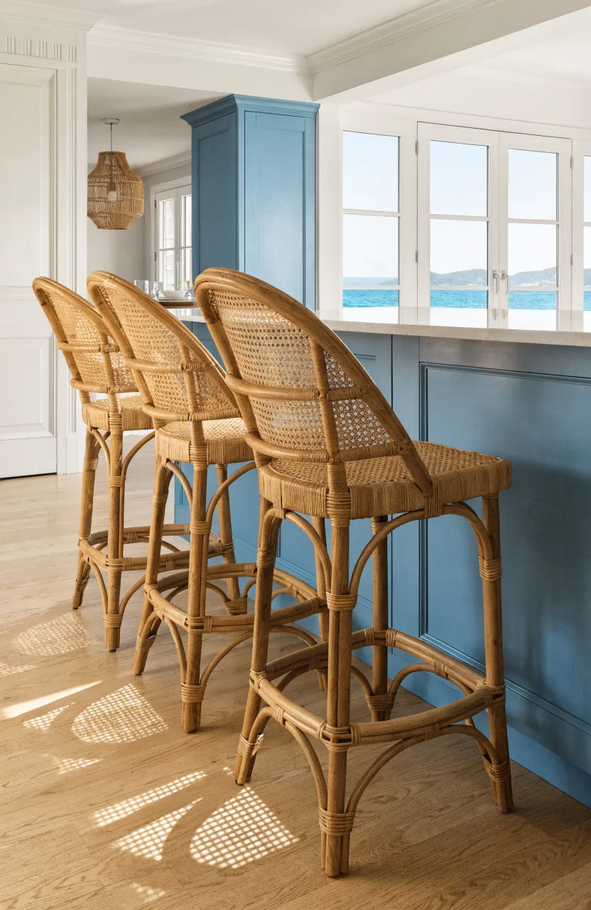 Woven cane back bar stools with light wood frames at a blue kitchen island.