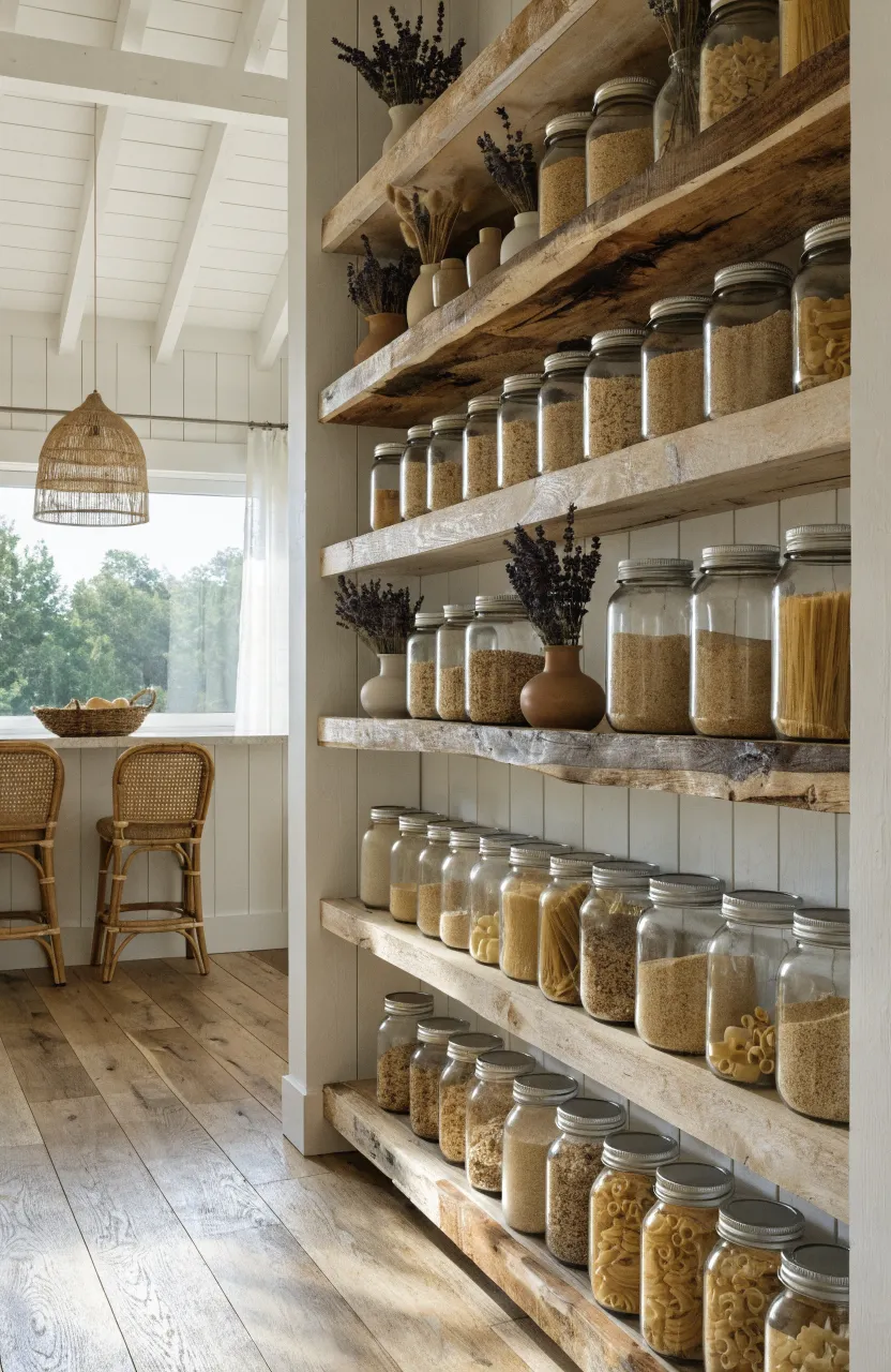 Open wooden shelves in a bright kitchen holding glass jars and dried lavender.