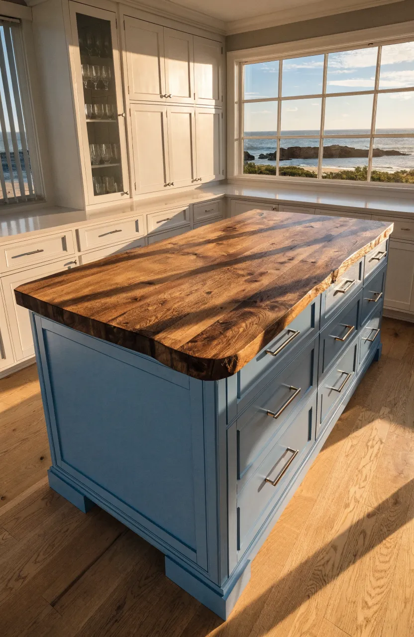 A dusty blue kitchen island with a thick wooden top in a sunlit coastal room.