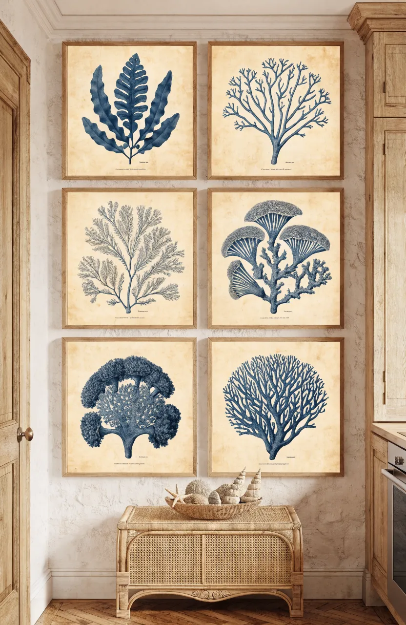 A grid of six framed botanical seaweed prints on a white kitchen wall.
