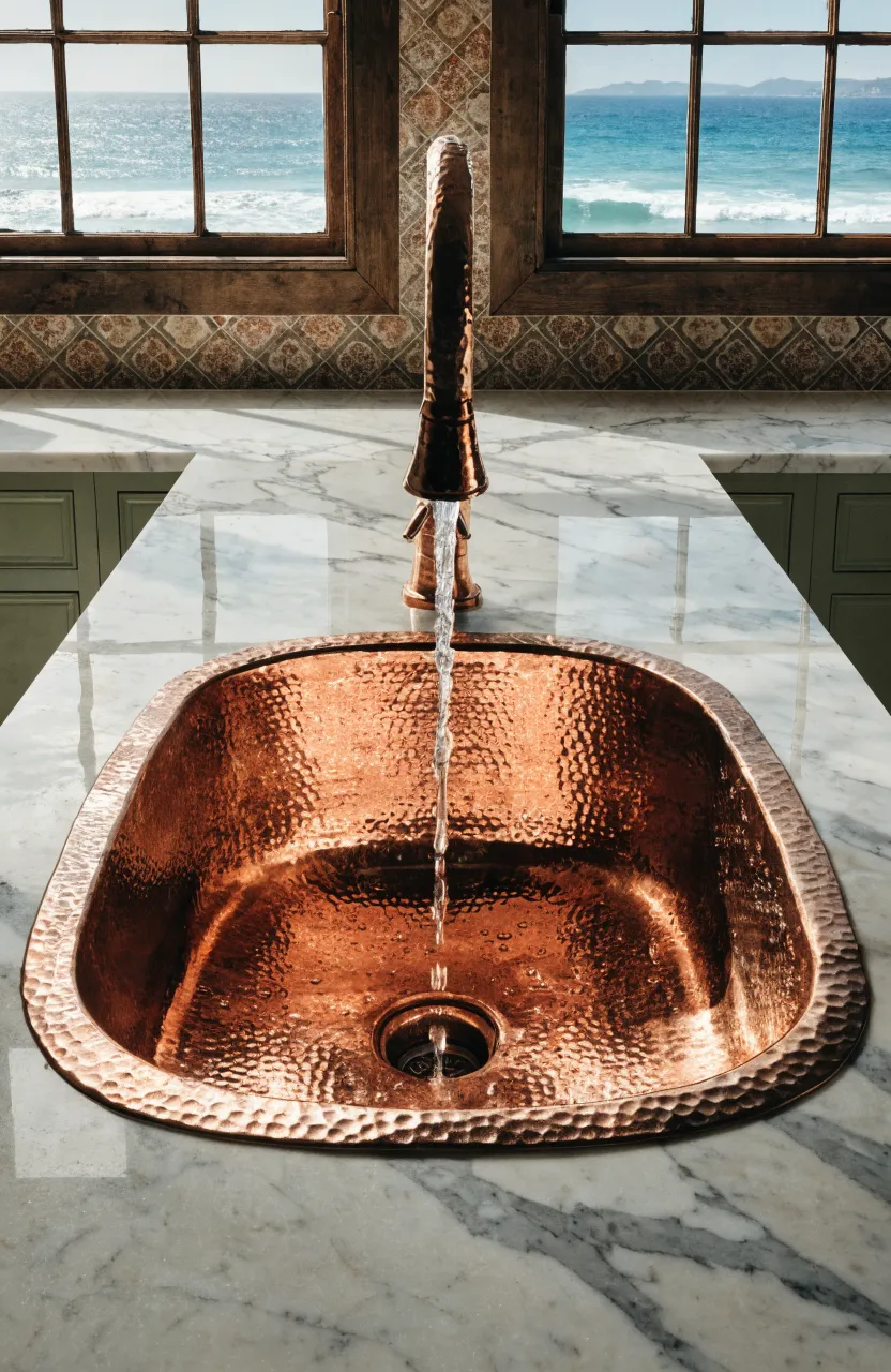 A textured copper farmhouse sink with a matching faucet in a white marble counter.
