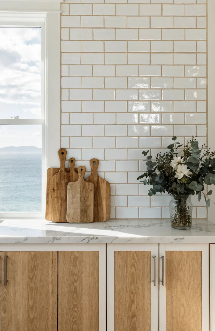 White subway tiles with sandy beige grout behind a kitchen counter.