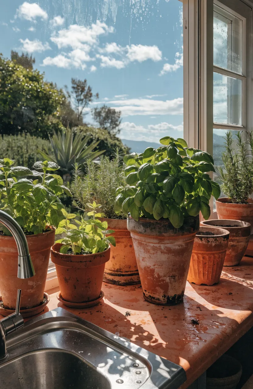 Fresh green herbs in clay terracotta pots sitting on a sunny kitchen window ledge.
