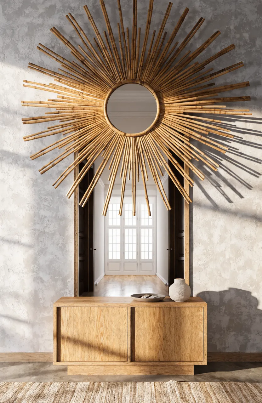 A sunburst bamboo mirror hanging above a wooden console table in a bright, modern entryway.