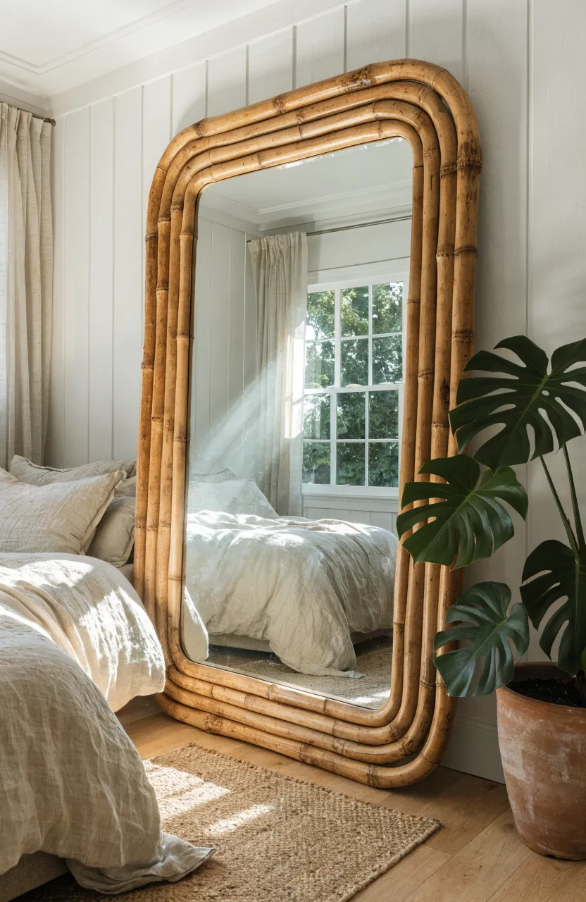 A tall bamboo-framed mirror leaning against a bedroom wall next to a large green plant.