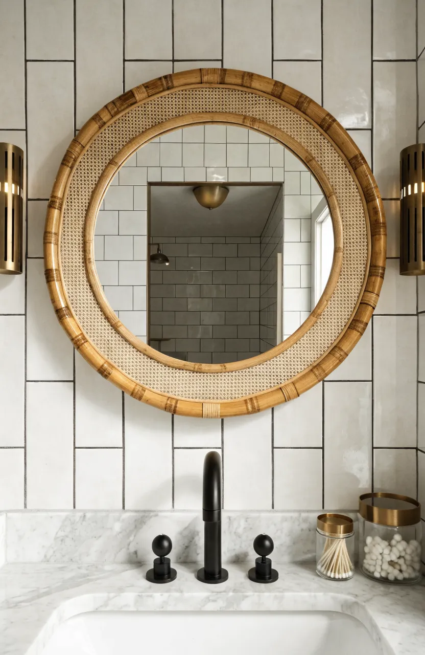 A round woven cane mirror mounted above a white marble bathroom vanity with black fixtures.
