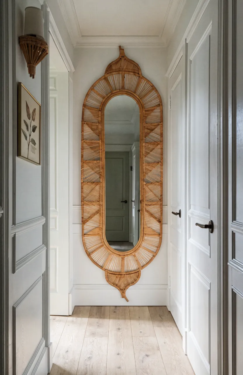 An oval mirror with rattan accents hanging on a white wall in a bright, narrow hallway.